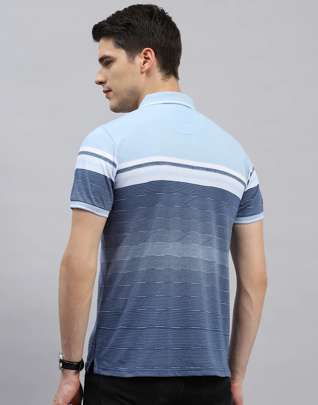 Men Sky Blue Stripe Polo Collar Half Sleeve T-Shirt - Image 5