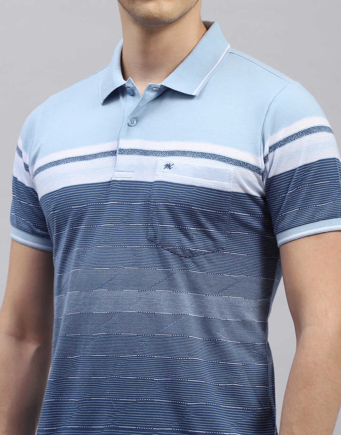 Men Sky Blue Stripe Polo Collar Half Sleeve T-Shirt - Image 6