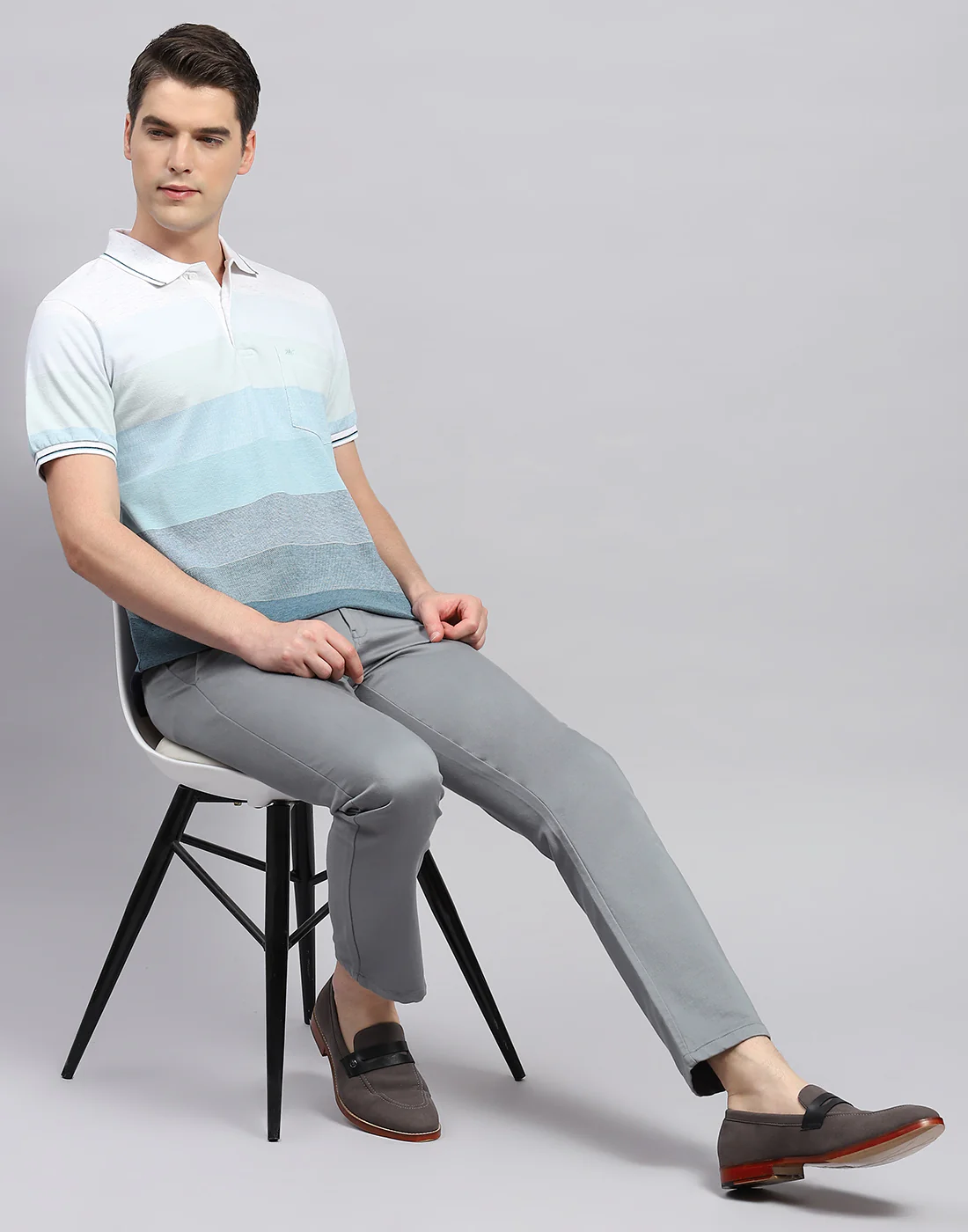 Men Sky Blue Stripe Polo Collar Half Sleeve T-Shirt - Image 2