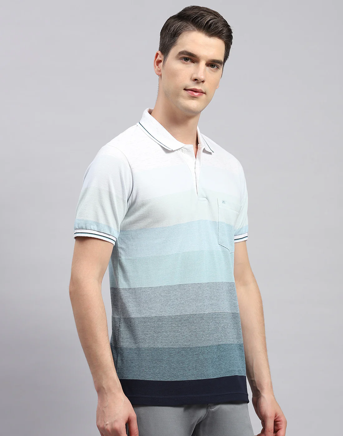 Men Sky Blue Stripe Polo Collar Half Sleeve T-Shirt - Image 4