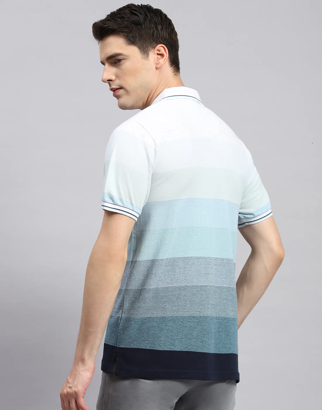 Men Sky Blue Stripe Polo Collar Half Sleeve T-Shirt - Image 5