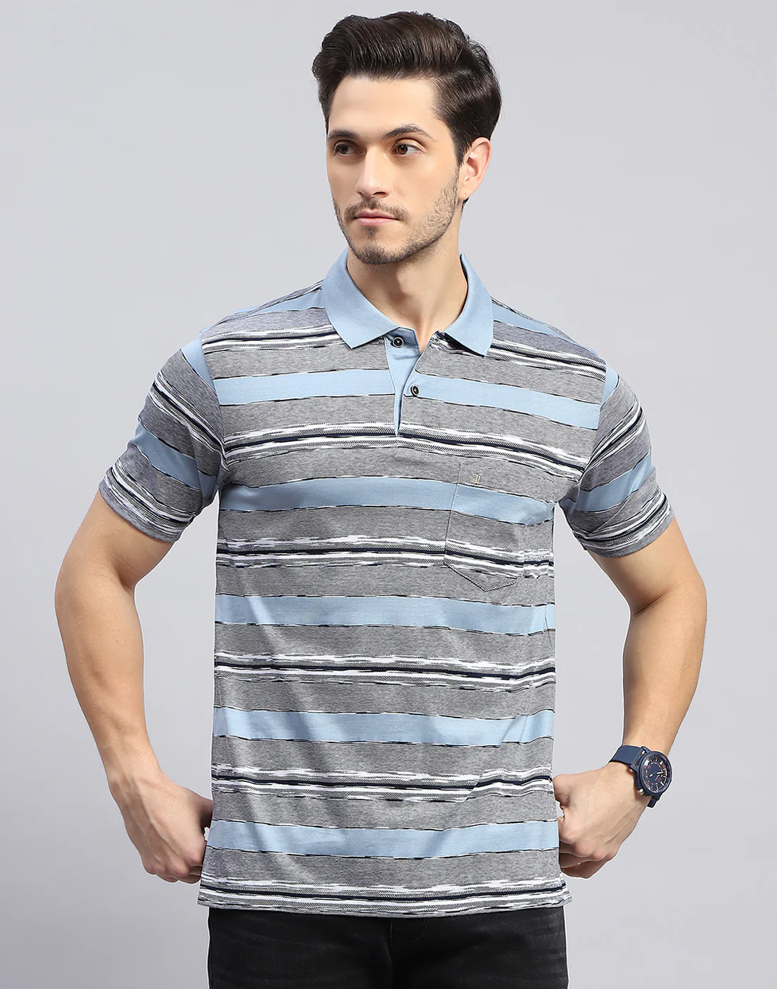 Men Sky Blue Stripe Polo Collar Half Sleeve T-Shirt - Image 3