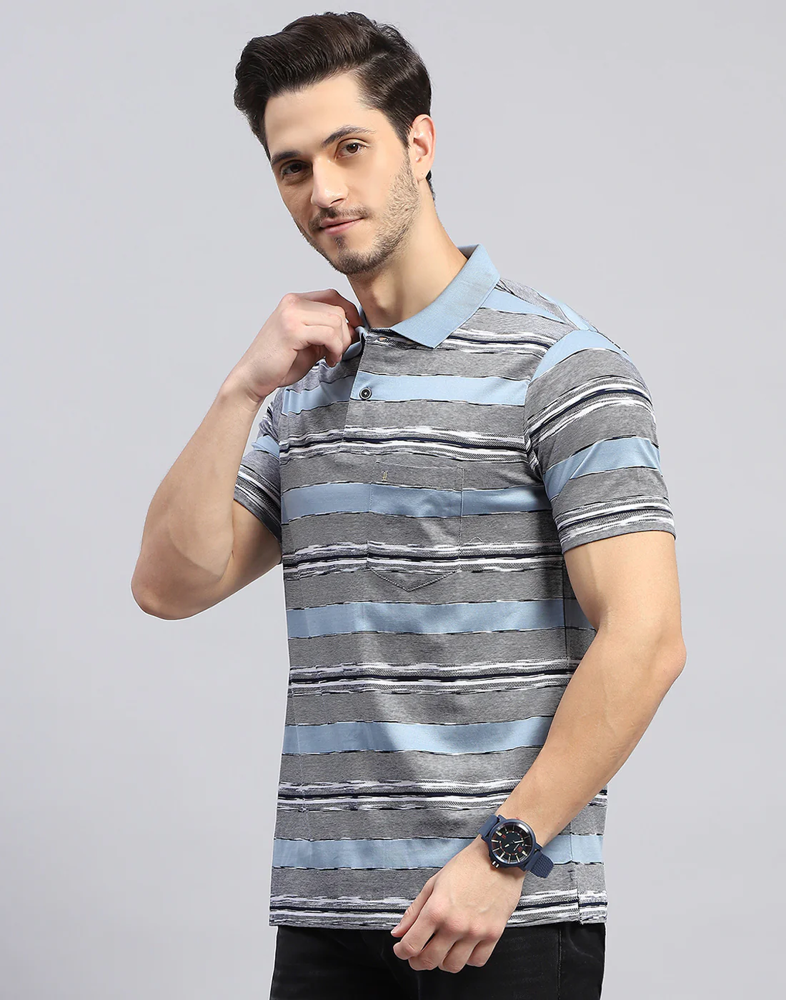 Men Sky Blue Stripe Polo Collar Half Sleeve T-Shirt - Image 4