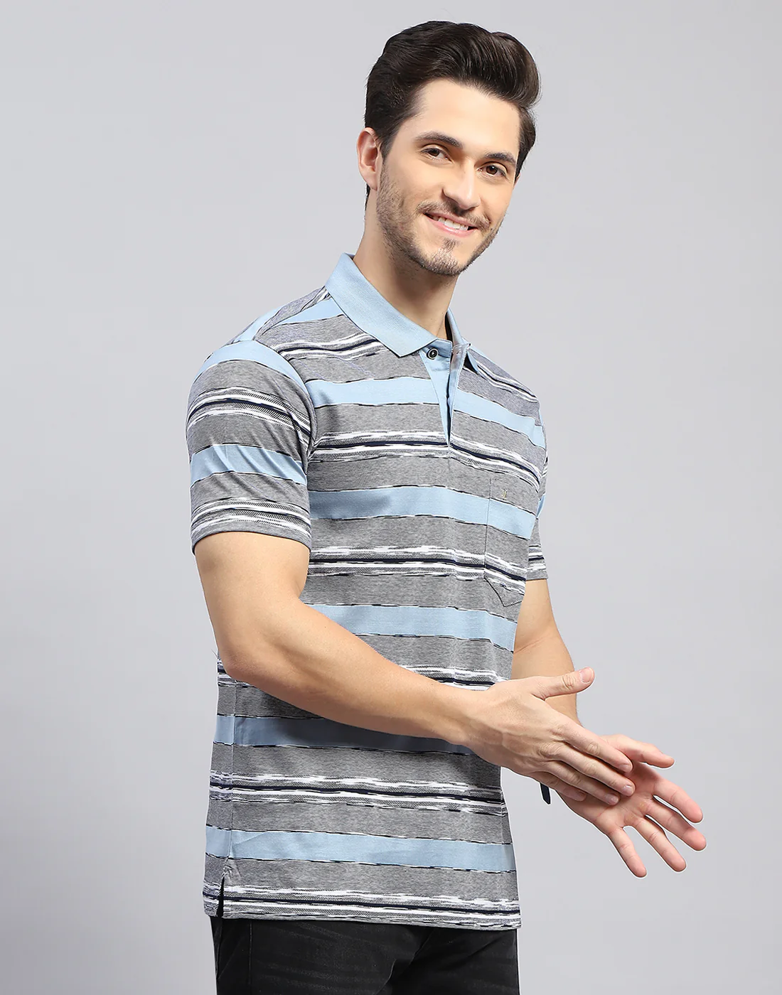 Men Sky Blue Stripe Polo Collar Half Sleeve T-Shirt - Image 5