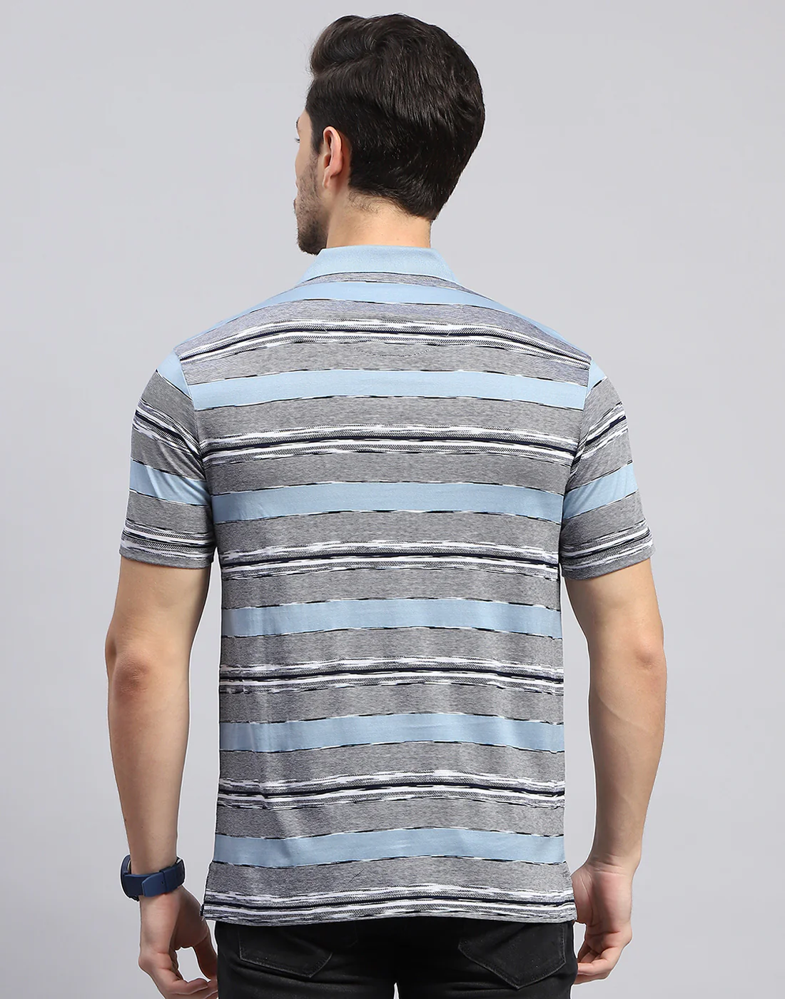 Men Sky Blue Stripe Polo Collar Half Sleeve T-Shirt - Image 6