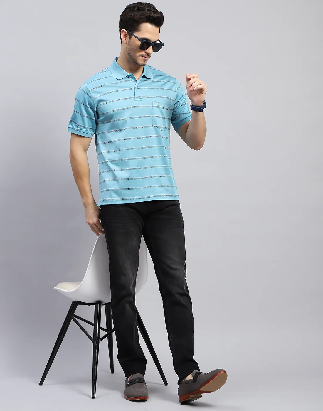 Men Sky Blue Stripe Polo Collar Half Sleeve T-Shirt - Image 2