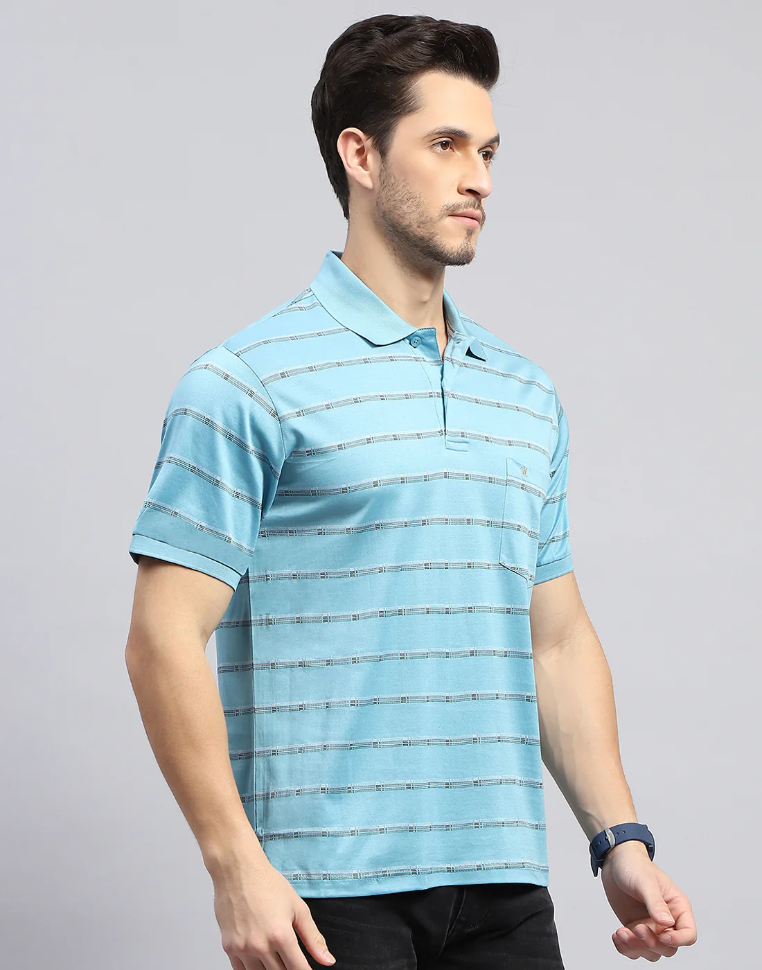 Men Sky Blue Stripe Polo Collar Half Sleeve T-Shirt - Image 5