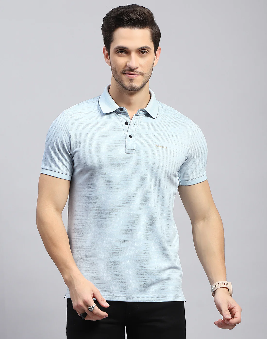 Men Sky Blue Stripe Polo Collar Half Sleeve T-Shirt - Image 2