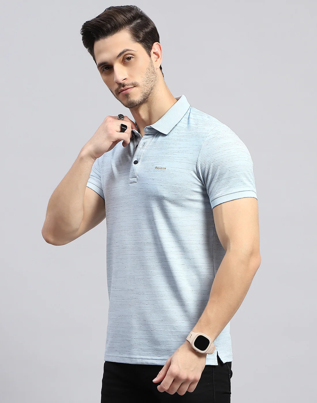 Men Sky Blue Stripe Polo Collar Half Sleeve T-Shirt - Image 3