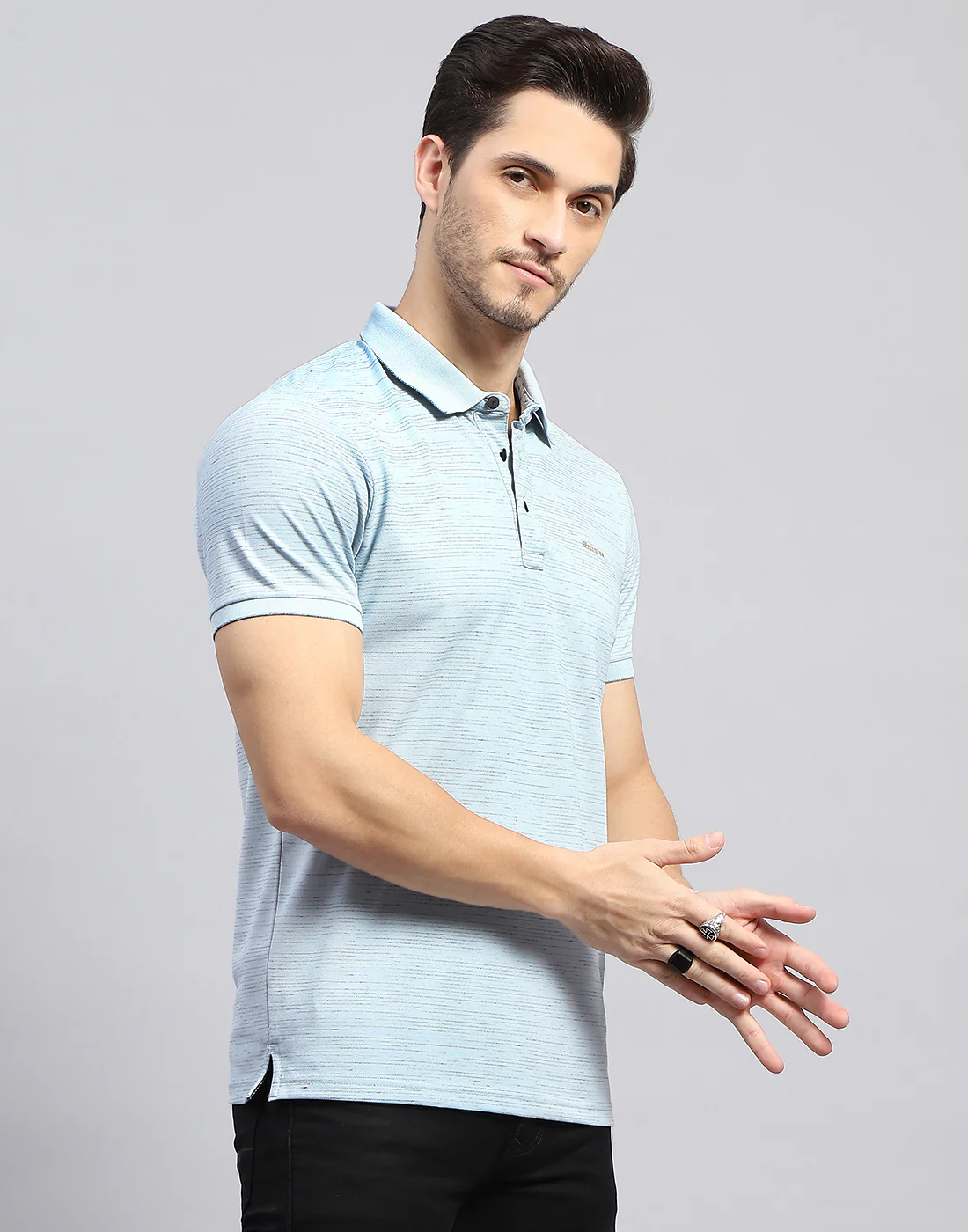 Men Sky Blue Stripe Polo Collar Half Sleeve T-Shirt - Image 4