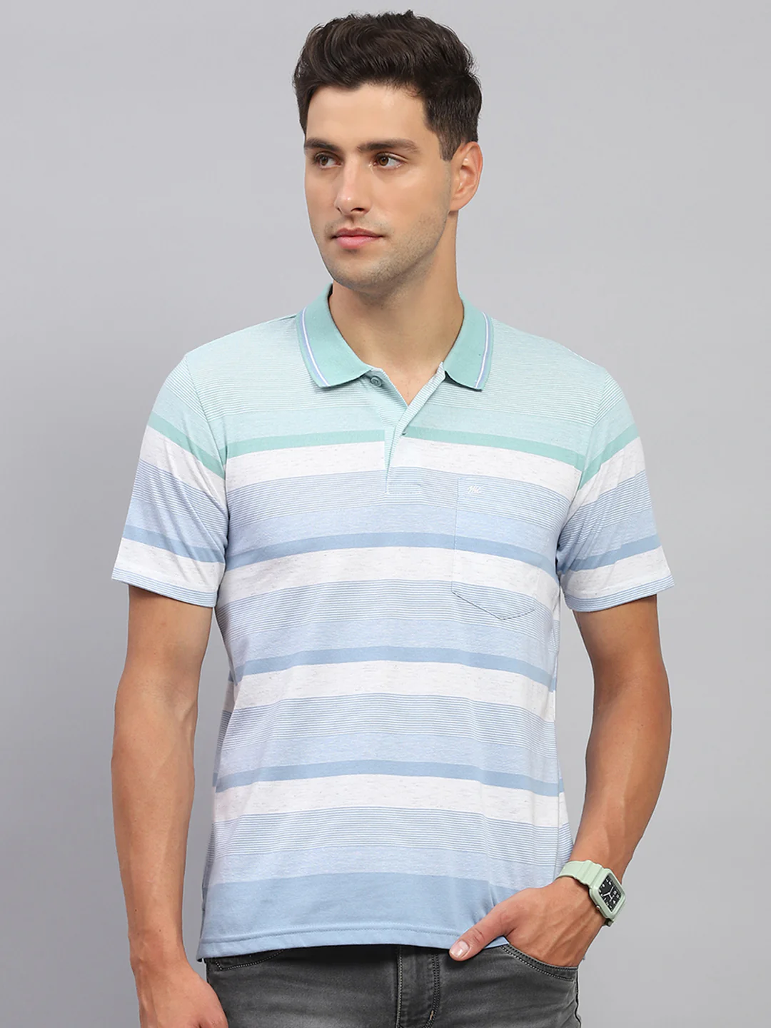 Men Sky Blue Stripe Polo Collar Half Sleeve T-Shirt - Image 2