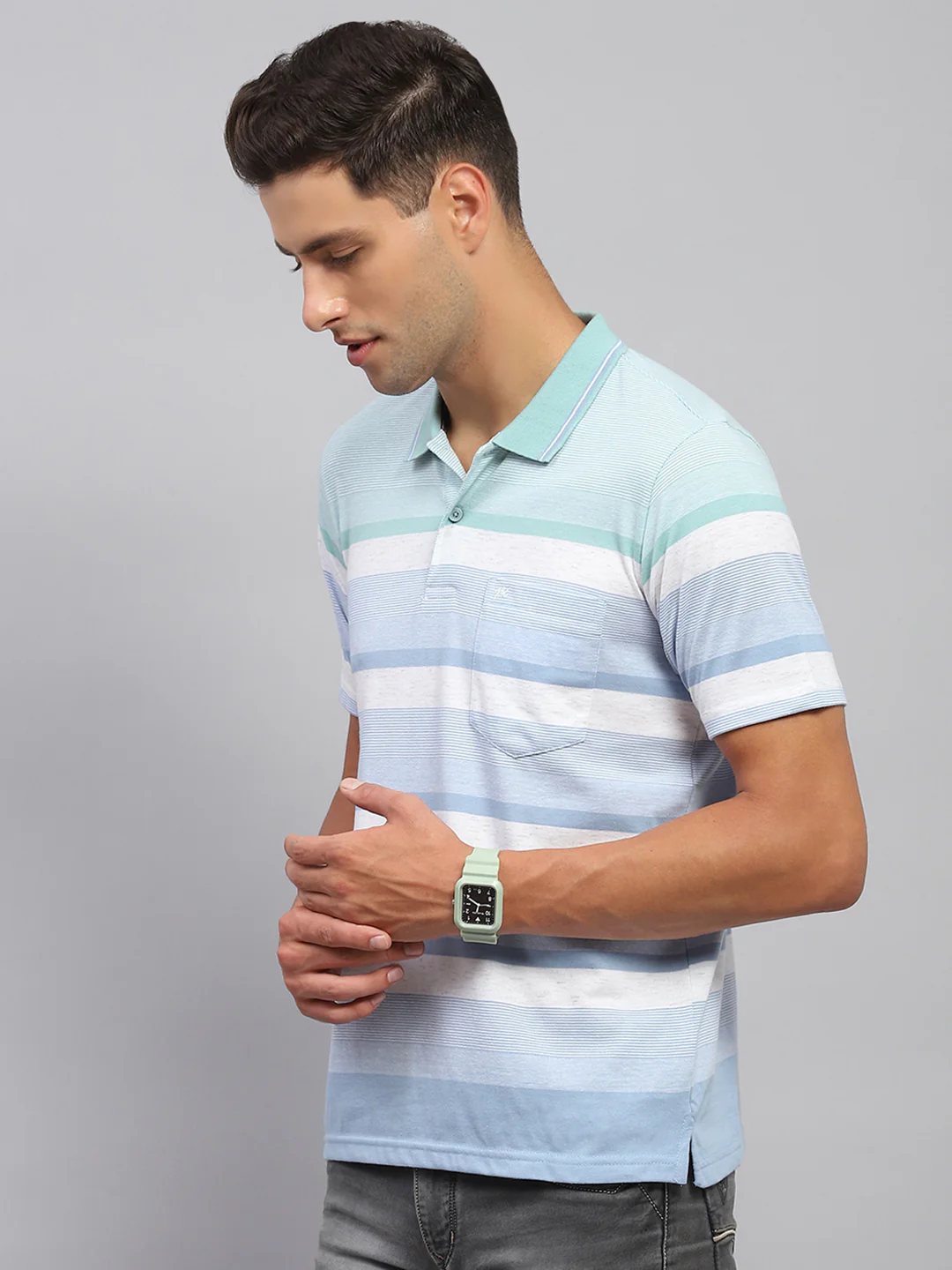Men Sky Blue Stripe Polo Collar Half Sleeve T-Shirt - Image 3
