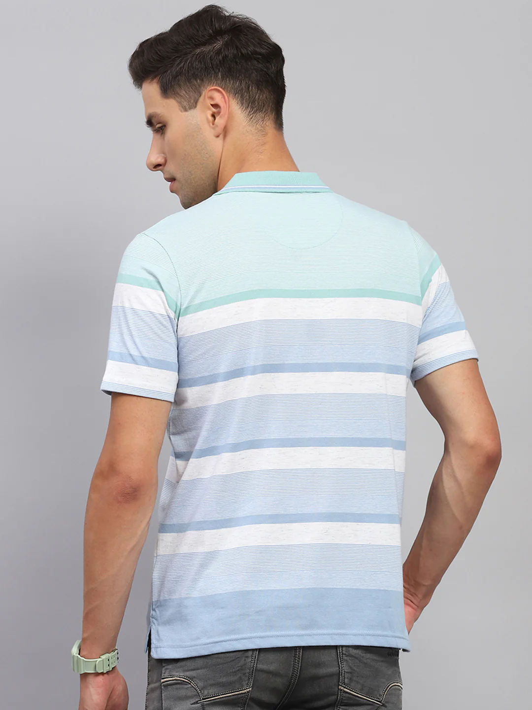 Men Sky Blue Stripe Polo Collar Half Sleeve T-Shirt - Image 5