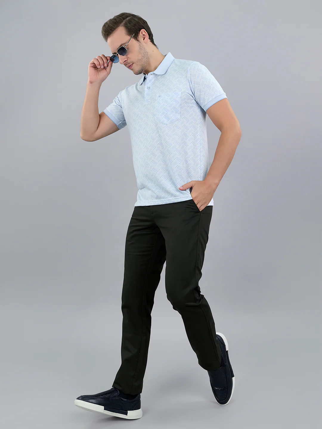 Men Sky Blue Stripe Polo Collar Half Sleeve T-Shirt - Image 7