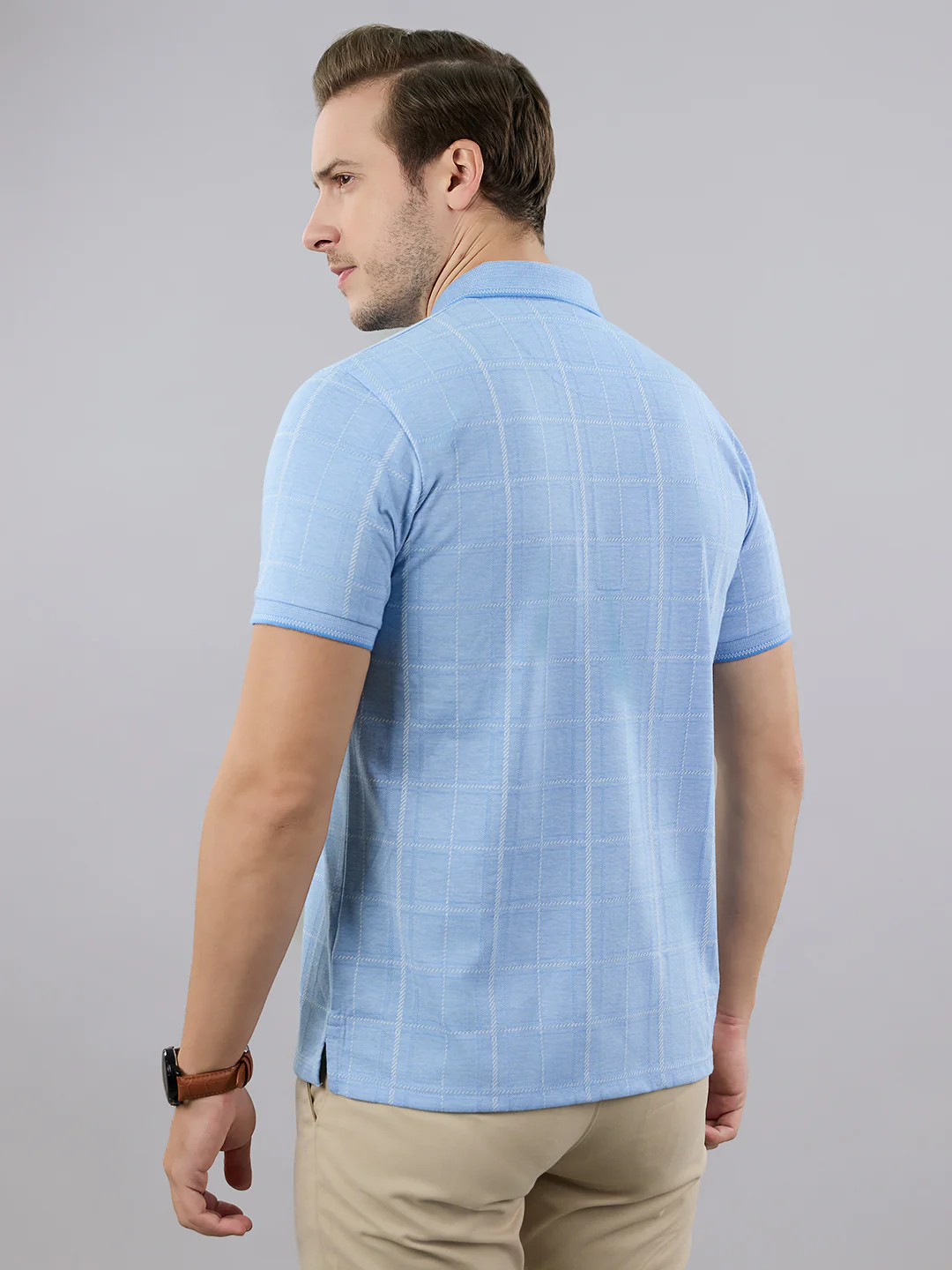 Men Sky Blue Stripe Polo Collar Half Sleeve T-Shirt - Image 4