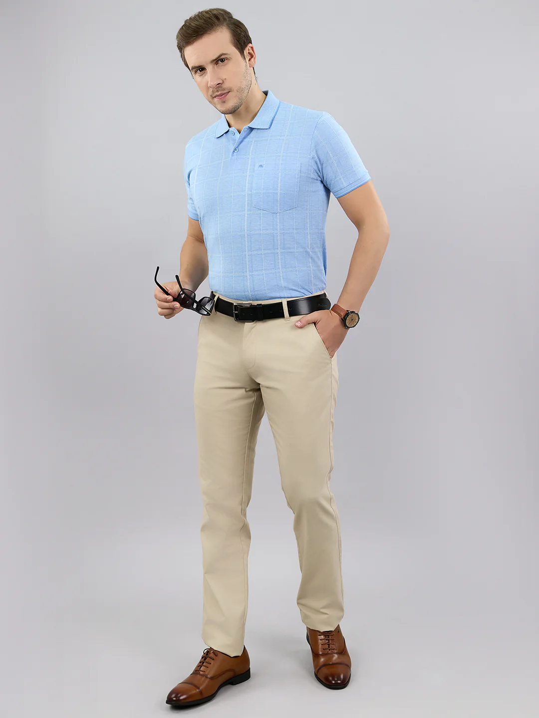 Men Sky Blue Stripe Polo Collar Half Sleeve T-Shirt - Image 6