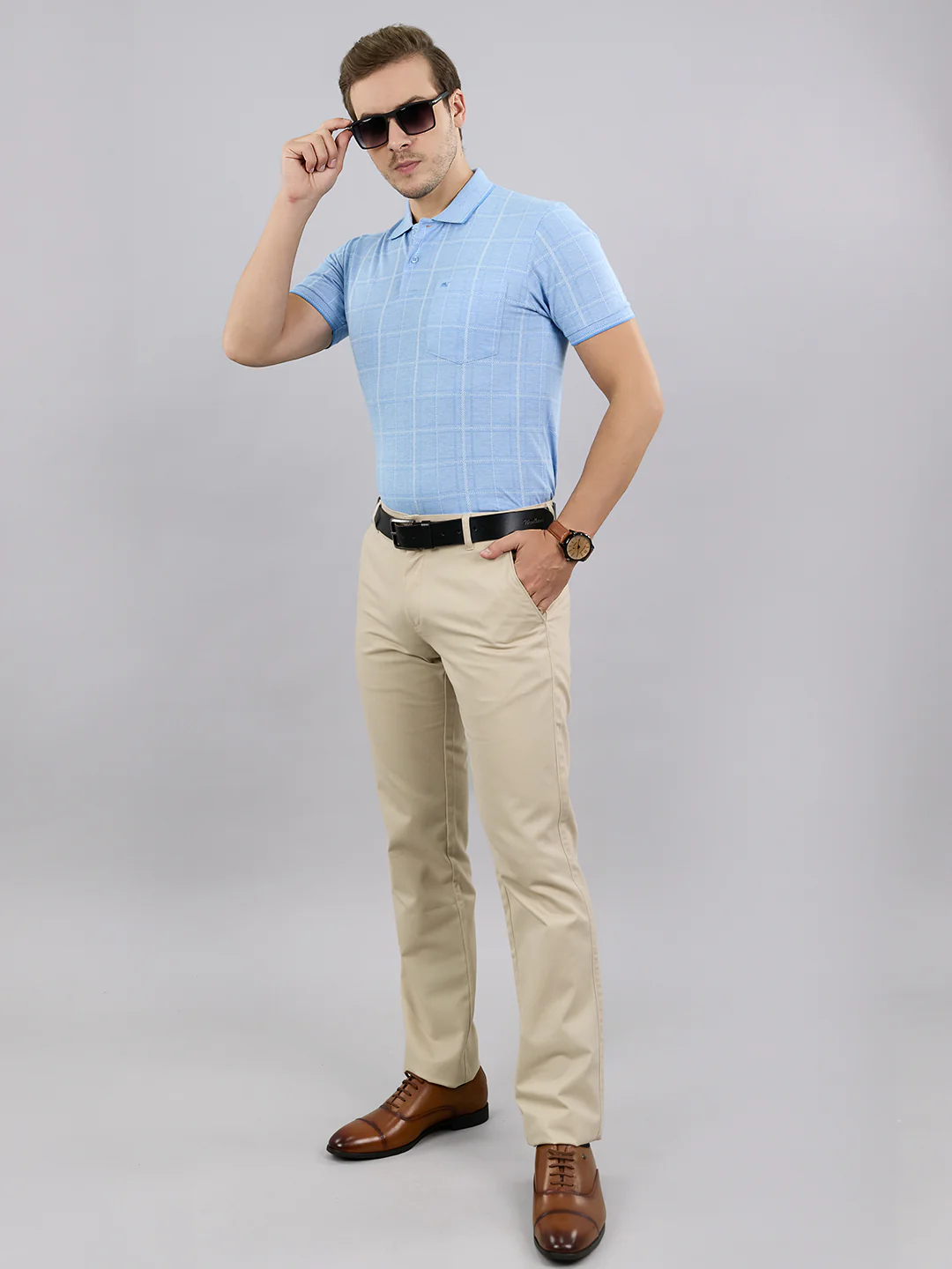 Men Sky Blue Stripe Polo Collar Half Sleeve T-Shirt - Image 7