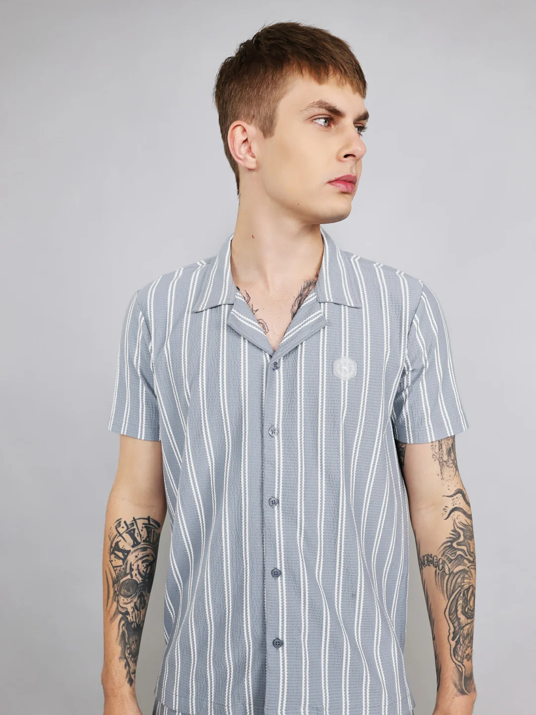 Men Sky Blue Stripe Regular Fit Bermuda Set - Image 5