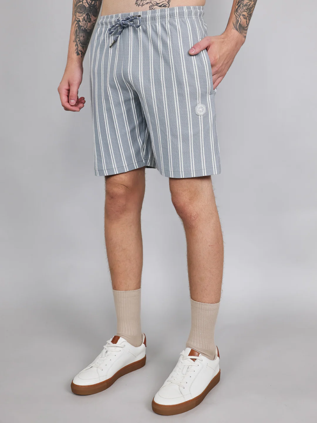 Men Sky Blue Stripe Regular Fit Bermuda Set - Image 6