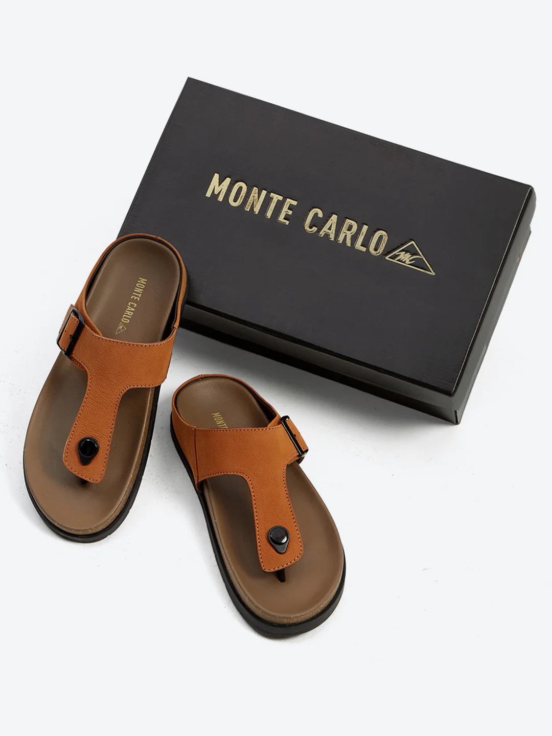 Men Tan Buckle Design Leather Slipper - Image 2