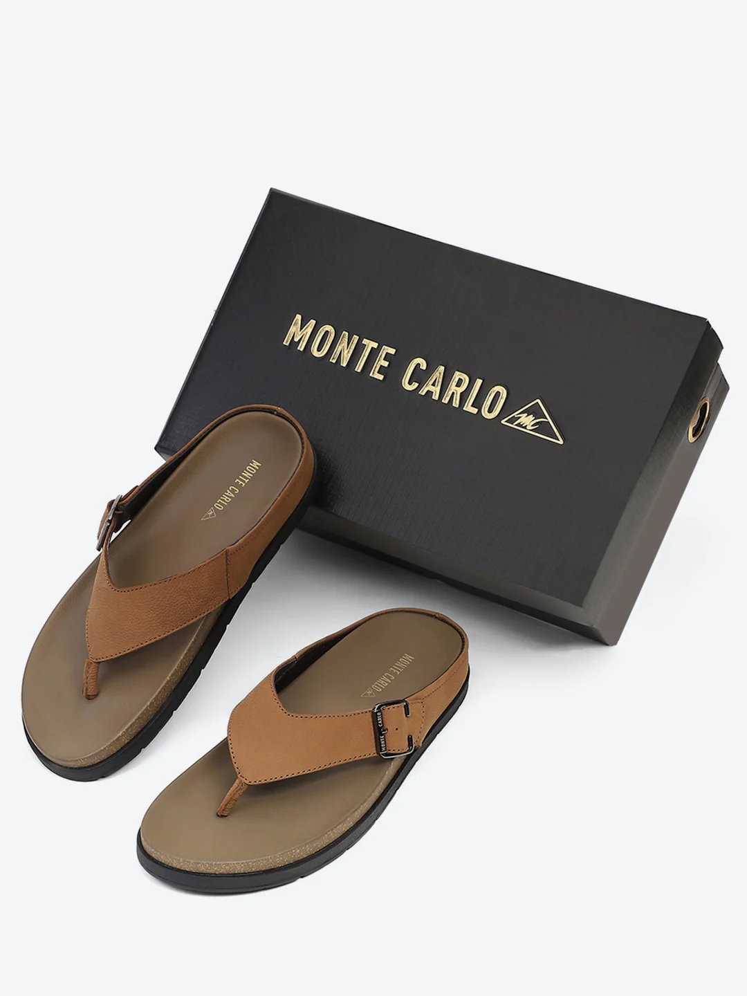 Men Tan Buckle Genuine Leather Slipper - Image 2