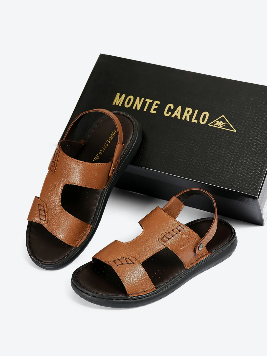 Men Tan Elastic Genuine Leather Sandals - Image 2