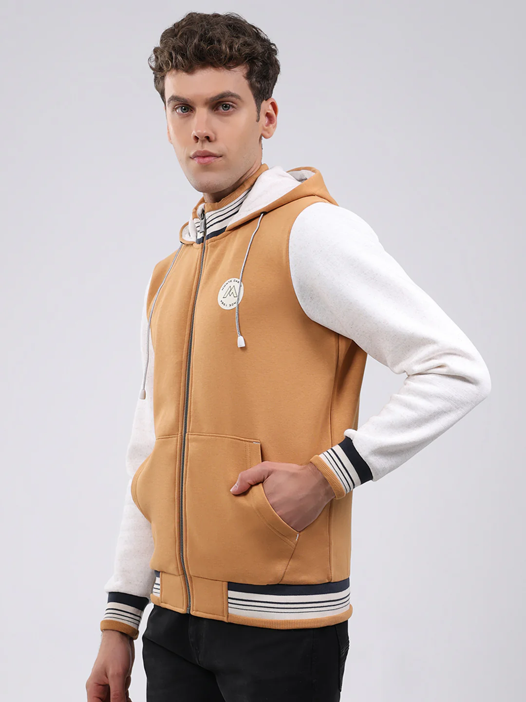 Men Tan Embroidered Hooded Full Sleeve Sweatshirt - Image 3