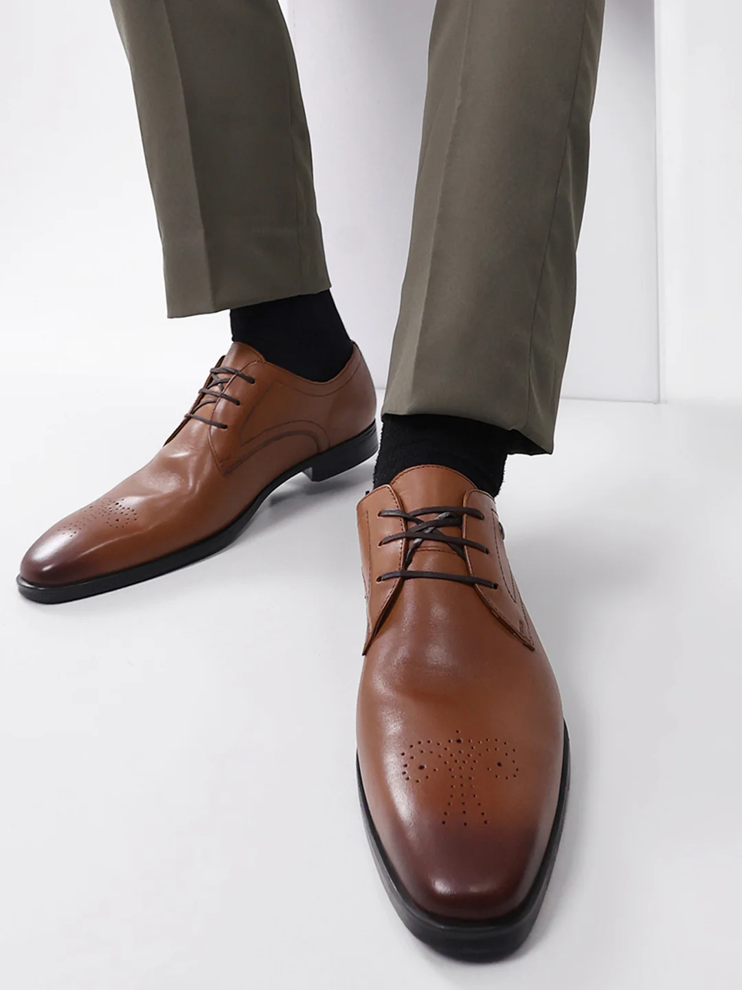 Men Tan Lace Up Genuine Leather Formal Shoes - Image 10