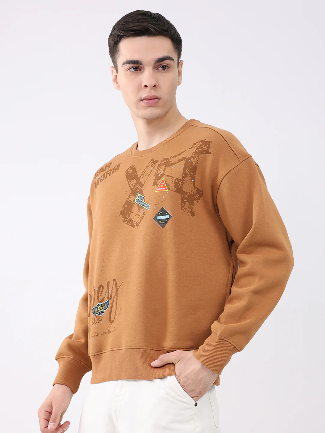 Men Tan Printed Round Neck Full Sleeve Sweatshirt - Image 3
