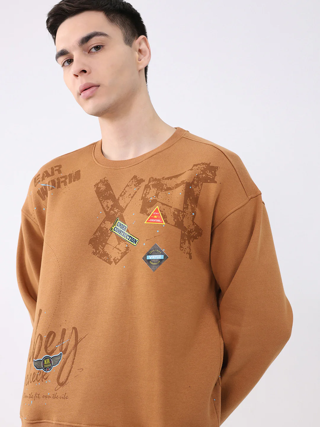 Men Tan Printed Round Neck Full Sleeve Sweatshirt - Image 6
