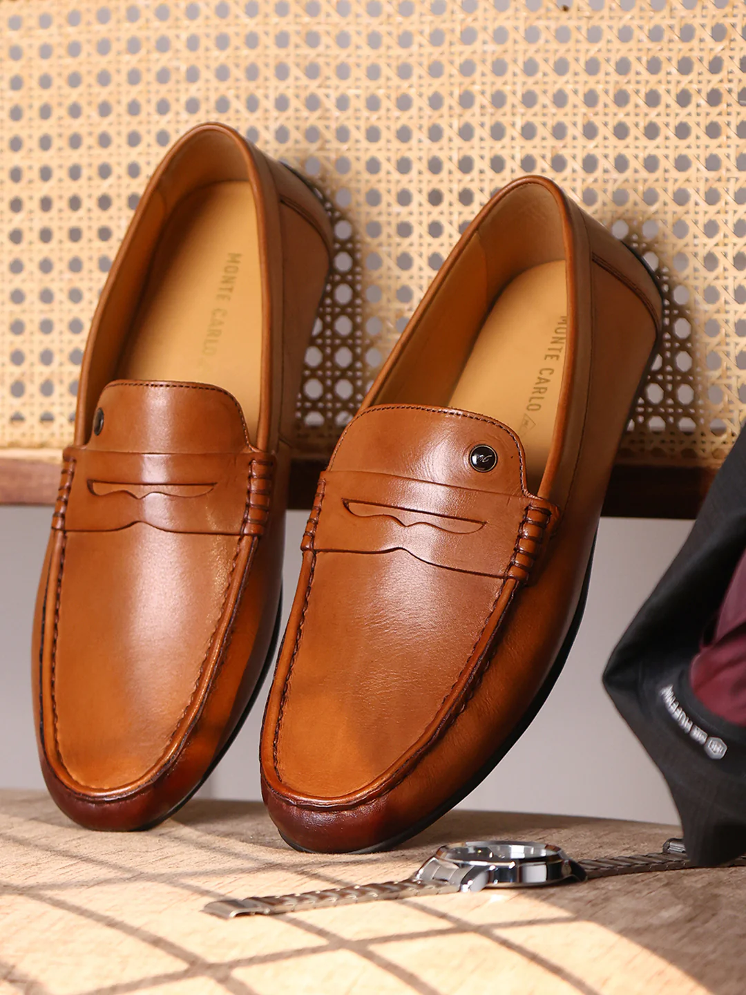 Men Tan Slip on Genuine Leather Loafers - Image 10