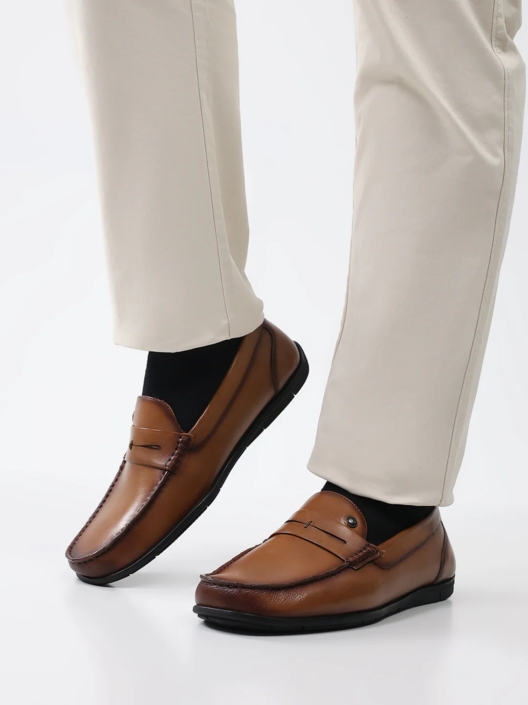 Men Tan Slip on Genuine Leather Loafers - Image 11
