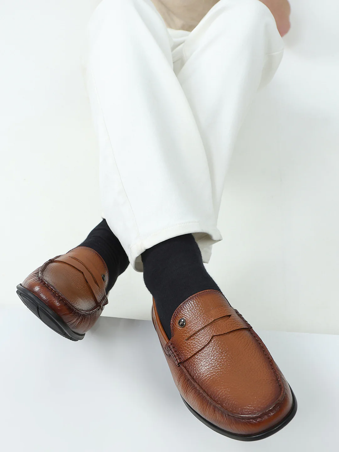 Men Tan Slip on Genuine Leather Loafers - Image 10