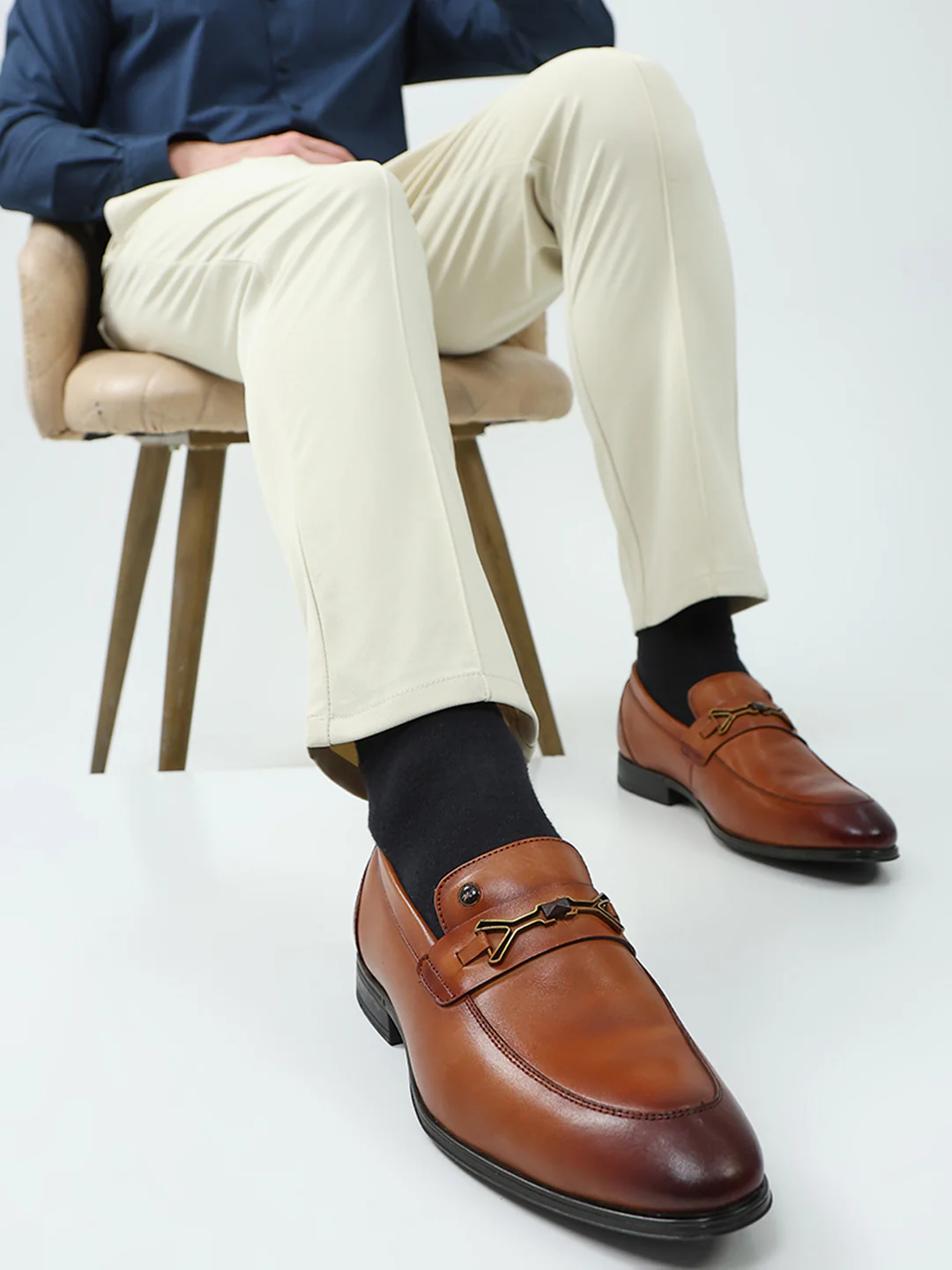 Men Tan Slip on Genuine Leather Horse-Bit Buckle Loafers - Image 10