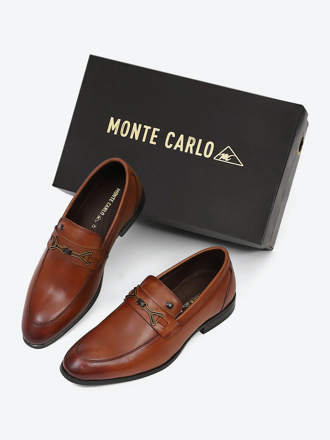 Men Tan Slip on Genuine Leather Horse-Bit Buckle Loafers - Image 2