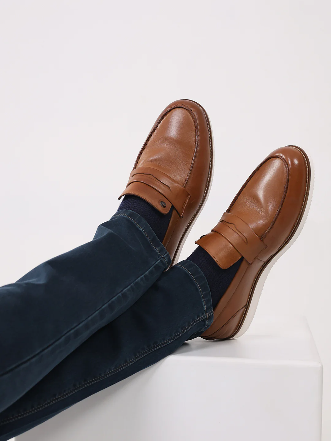 Men Tan Slip on Genuine Leather Penny Loafers - Image 11