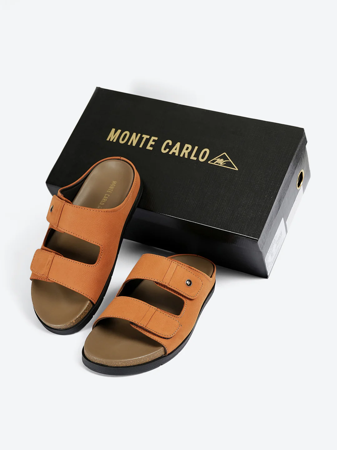 Men Tan Slip on Leather Sandals - Image 2