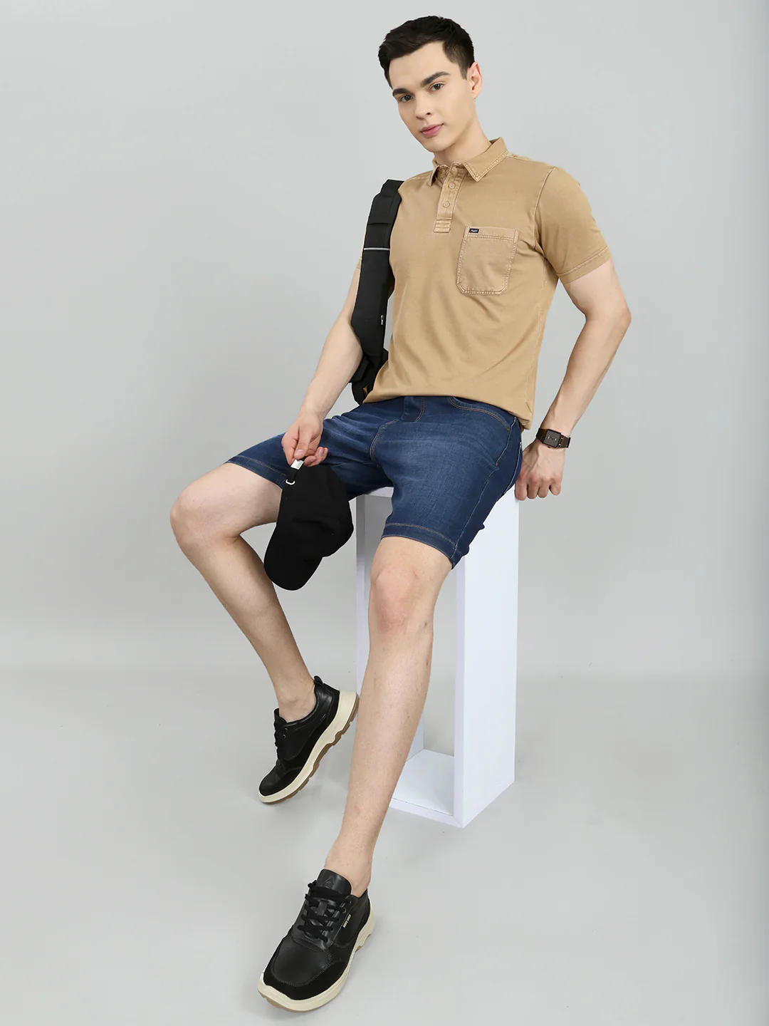 Men Tan Solid Collar Half Sleeve T-Shirt - Image 6