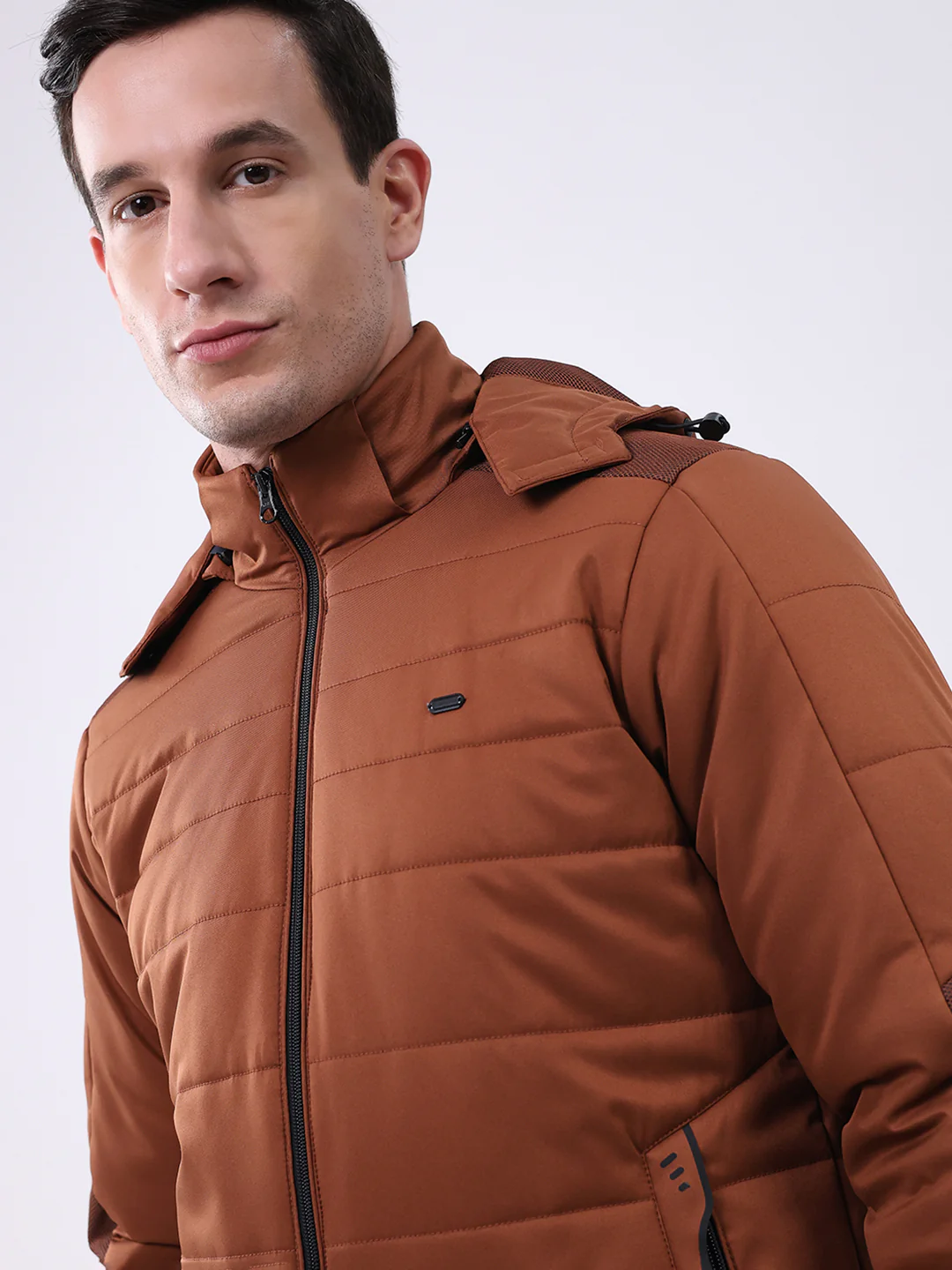 Men Tan Solid Hooded Full Sleeve Jacket - Image 6
