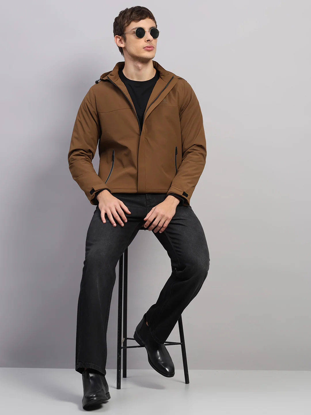Men Tan Solid Hooded Full Sleeve Jacket - Image 2
