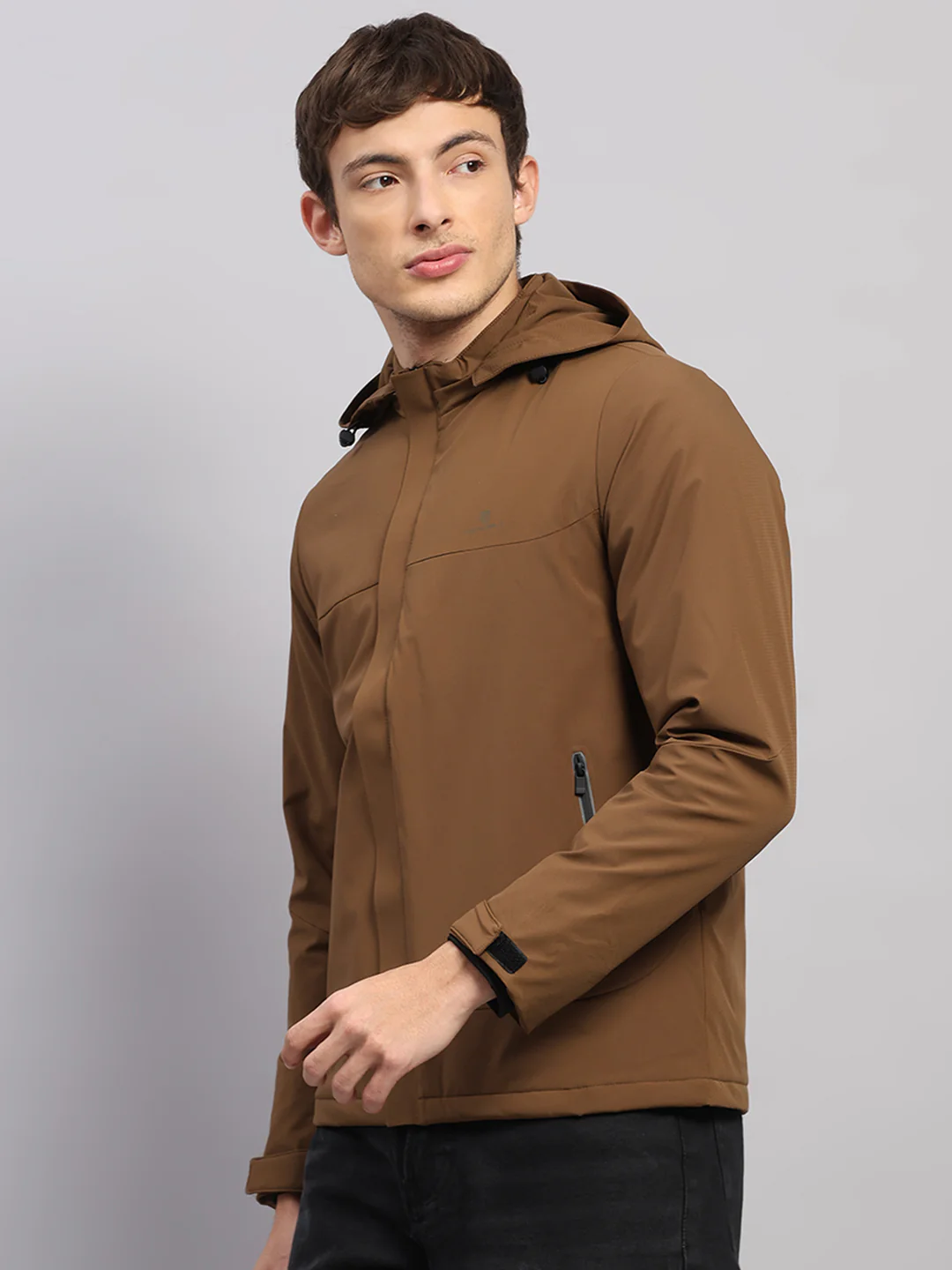 Men Tan Solid Hooded Full Sleeve Jacket - Image 3
