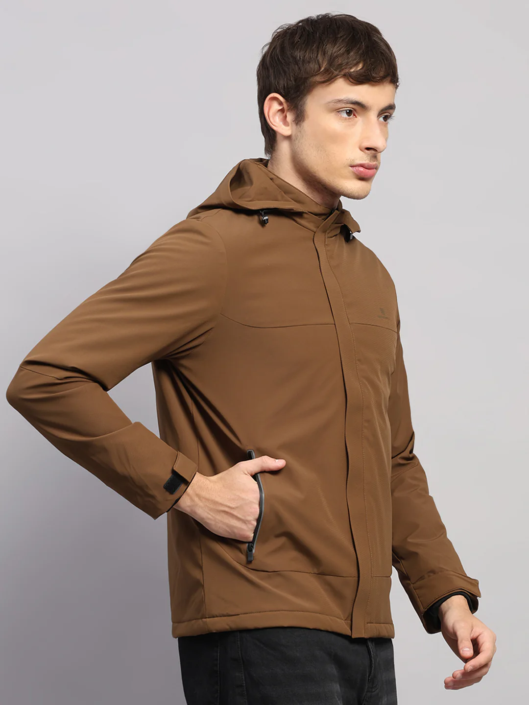 Men Tan Solid Hooded Full Sleeve Jacket - Image 4