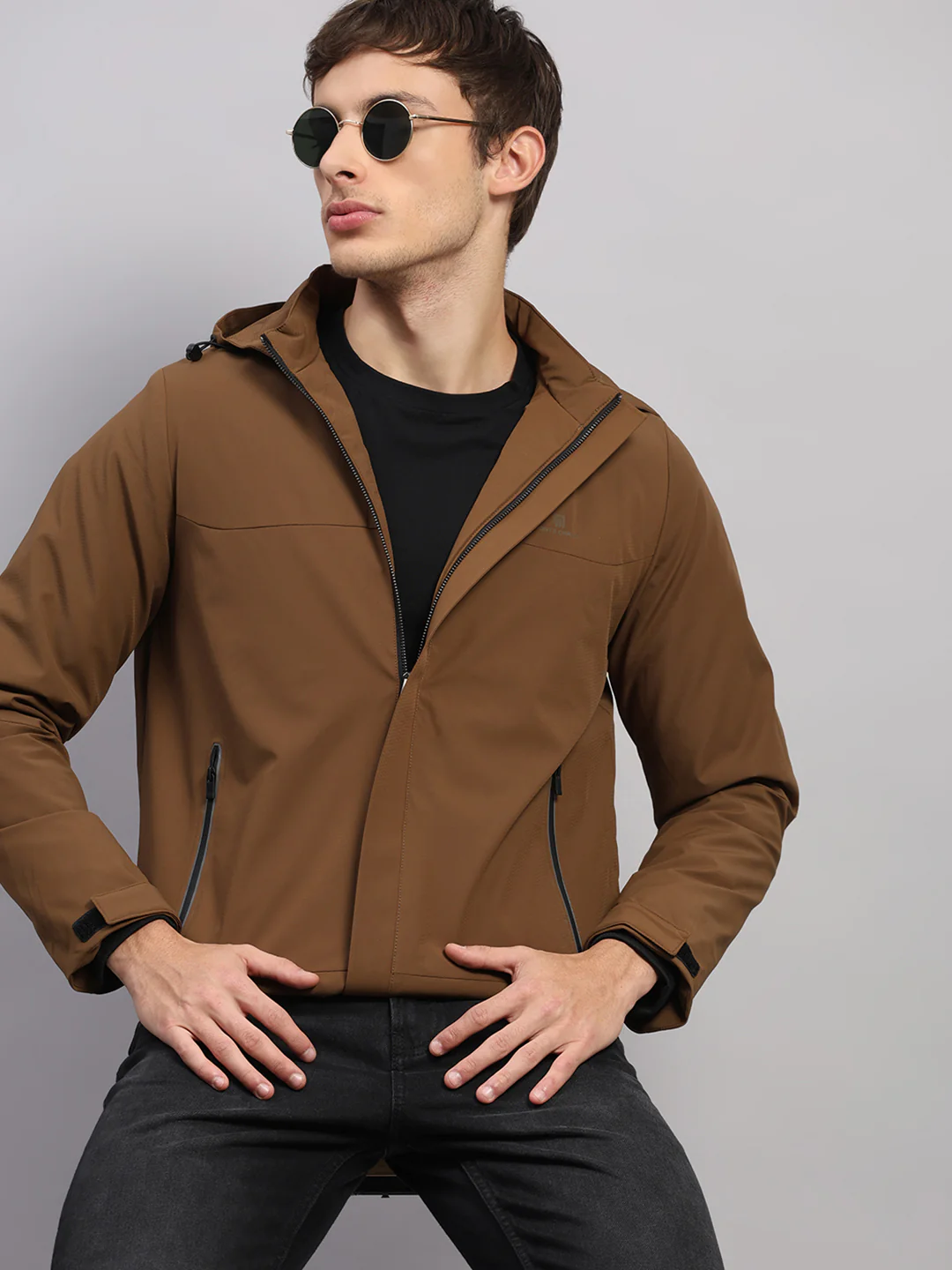 Men Tan Solid Hooded Full Sleeve Jacket - Image 6