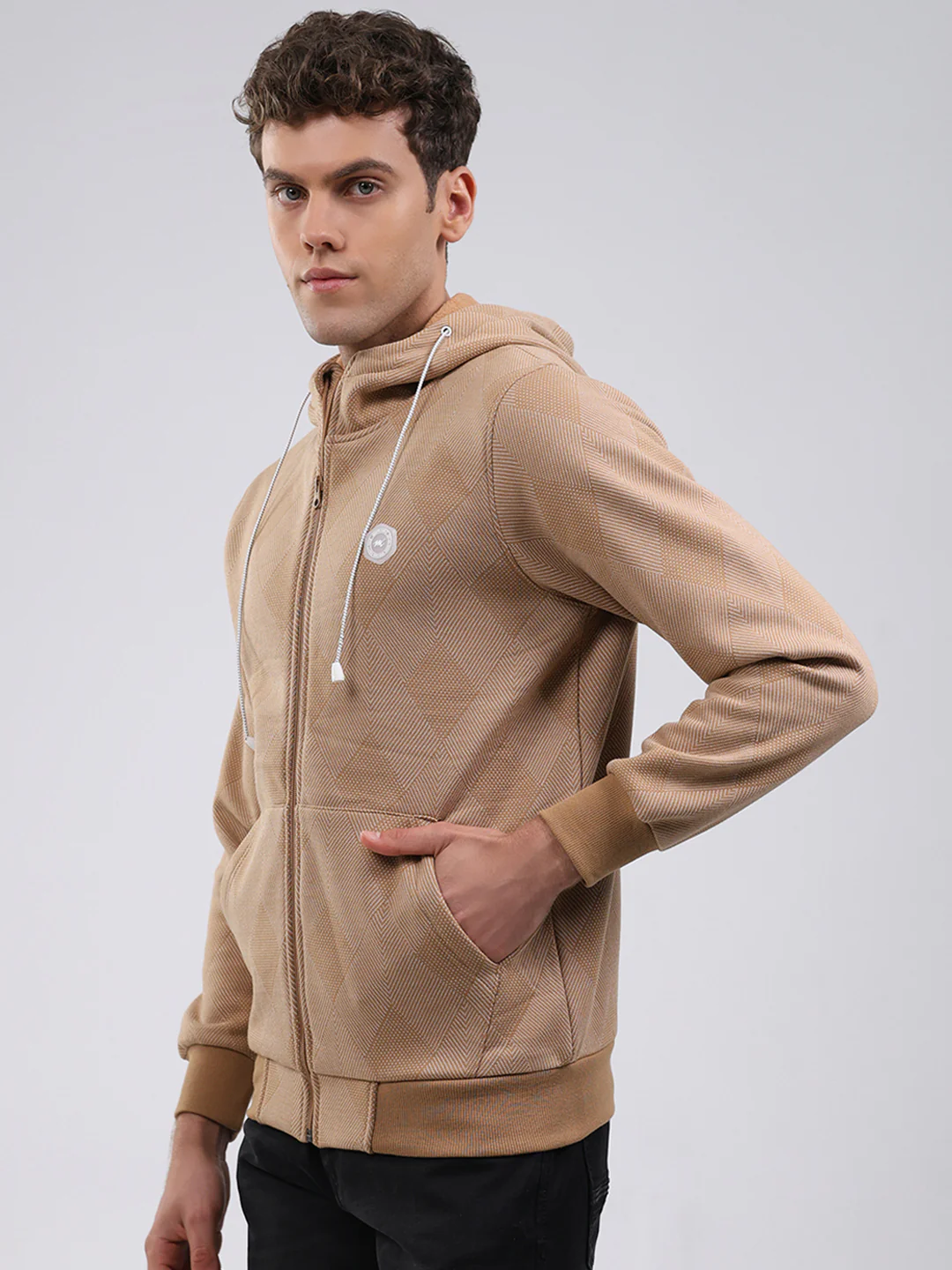 Men Tan Solid Hooded Full Sleeve Sweatshirt - Image 3