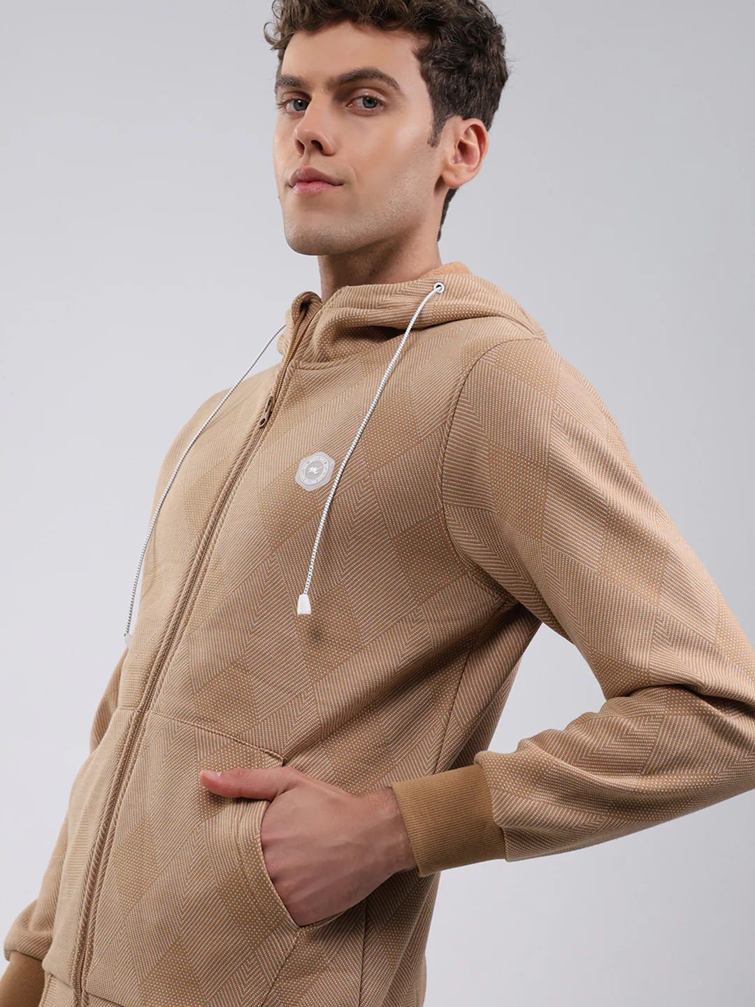 Men Tan Solid Hooded Full Sleeve Sweatshirt - Image 6