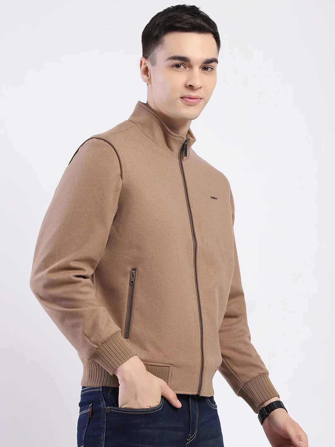Men Tan Solid Mock Neck Full Sleeve Jacket - Image 4