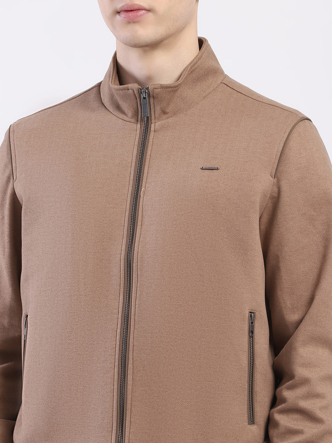 Men Tan Solid Mock Neck Full Sleeve Jacket - Image 6
