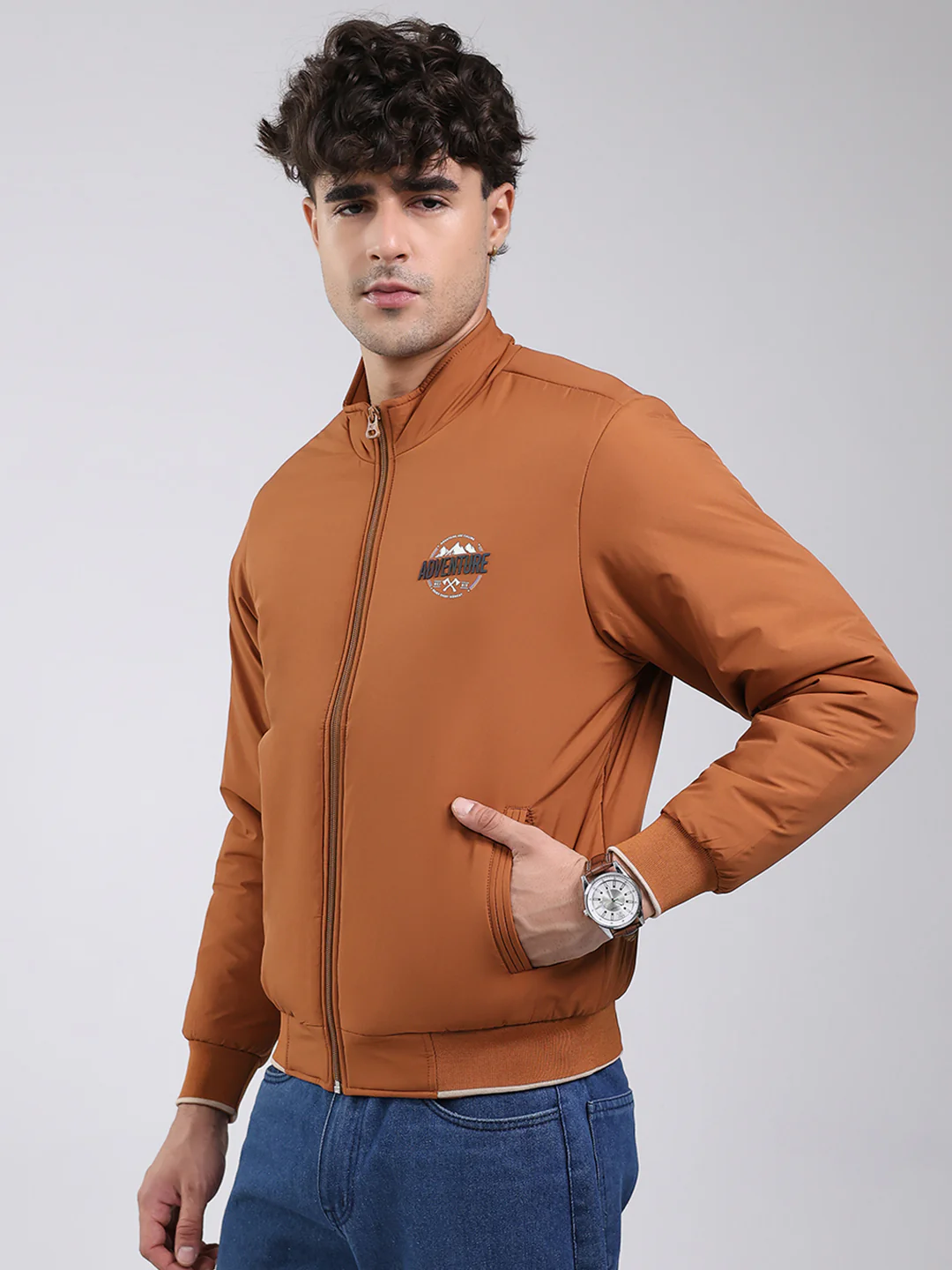 Men Tan Solid Mock Neck Full Sleeve Jacket - Image 3