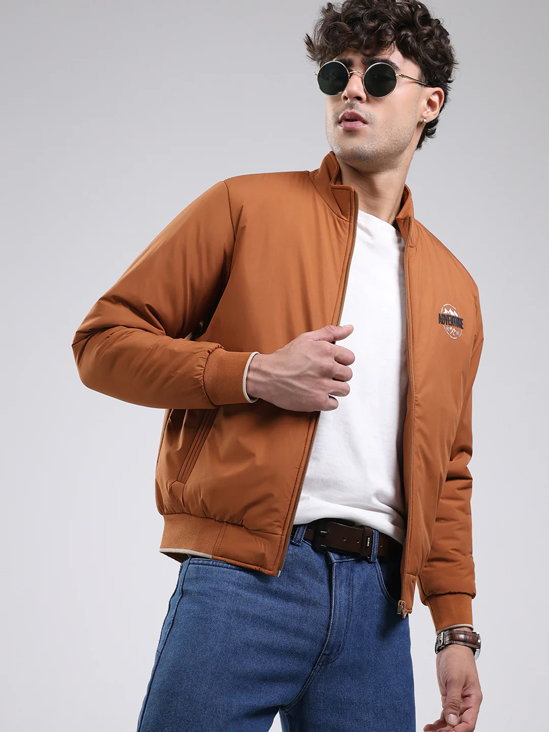 Men Tan Solid Mock Neck Full Sleeve Jacket - Image 6