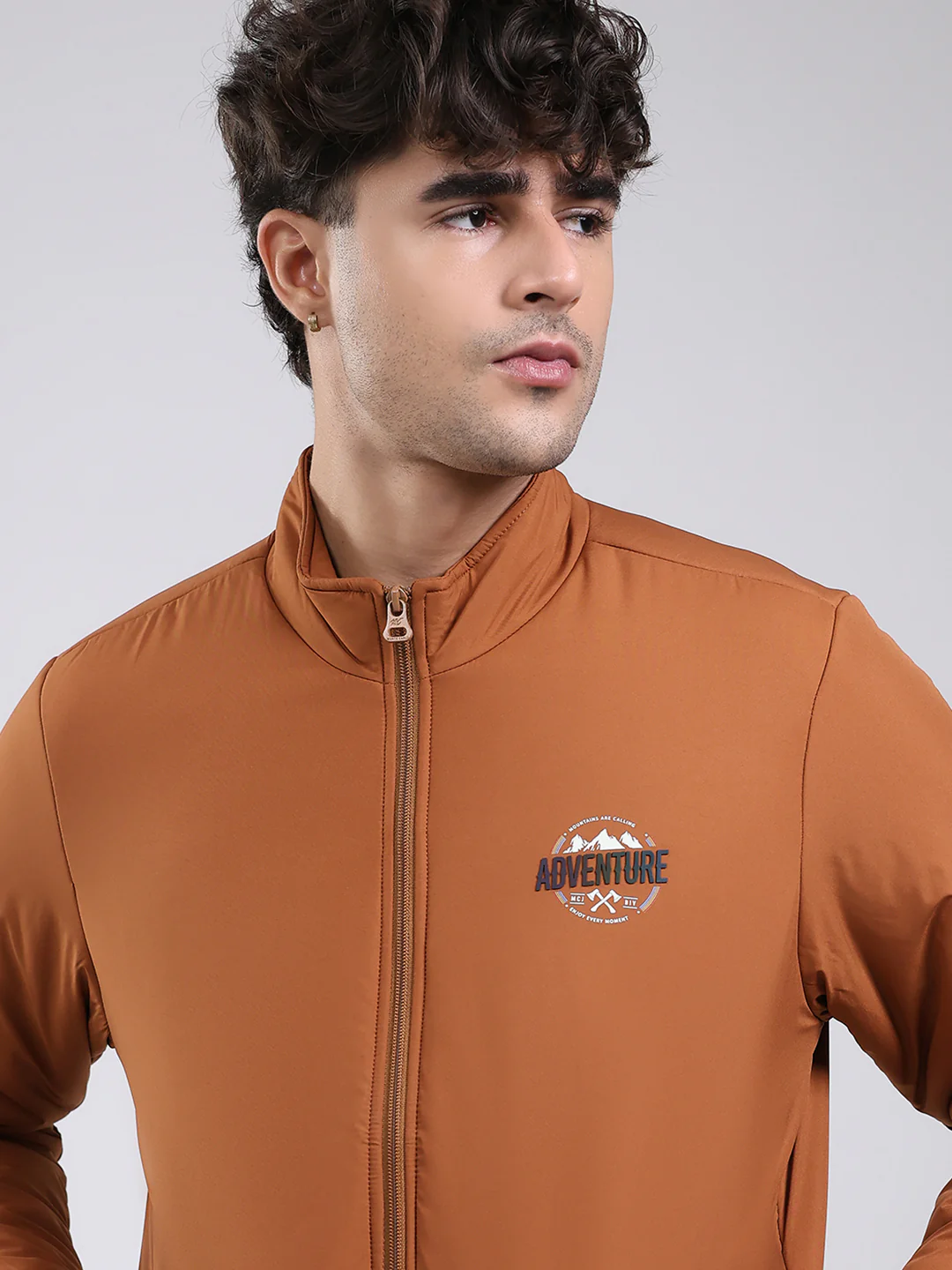 Men Tan Solid Mock Neck Full Sleeve Jacket - Image 7